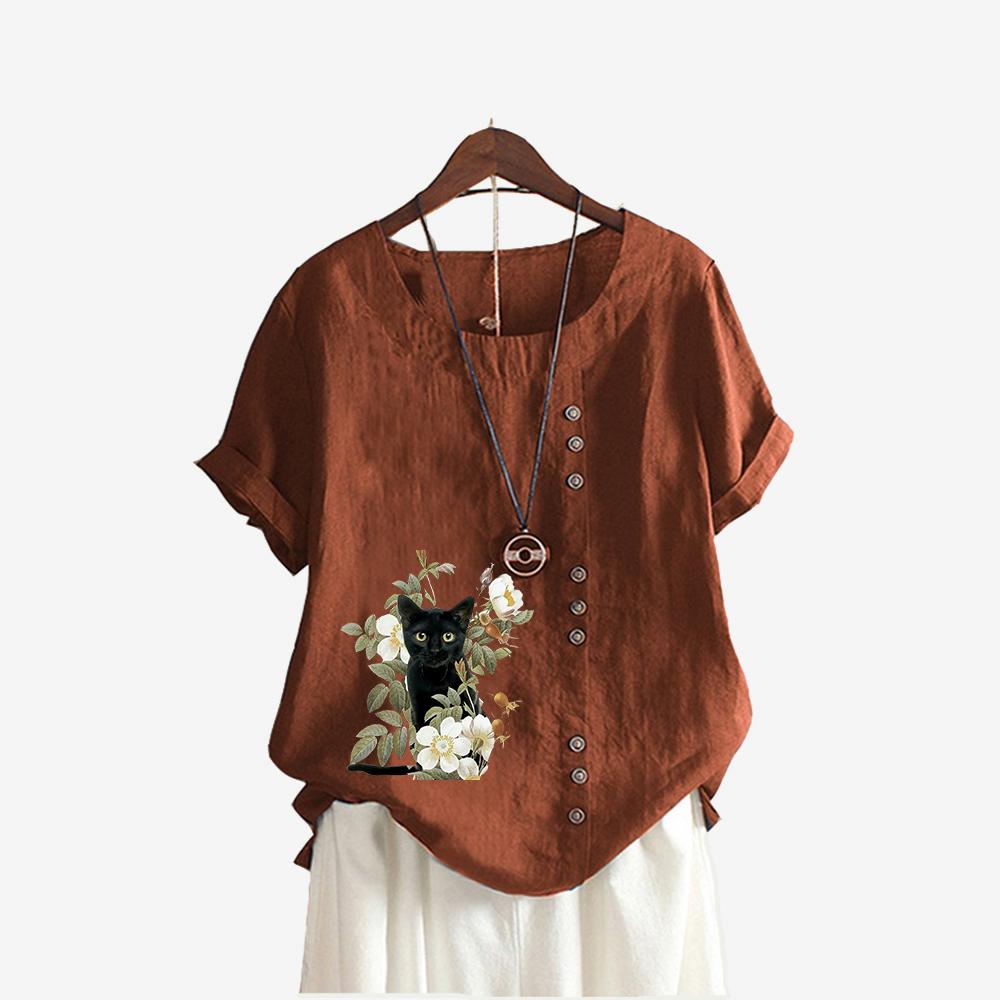 Women Fashion Short Sleeve T-shirt Summer&fall Casual Round Neck Cat Print Top Pullover Loose Cotton Linen Blouses