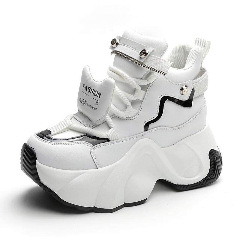 Fashion High Platform Genuine Leather Sneakers Women 2025 Spring Casual Chunky Shoes Winter 8CM Wedge Heels Lace-up Warm Fur Snow Shoes