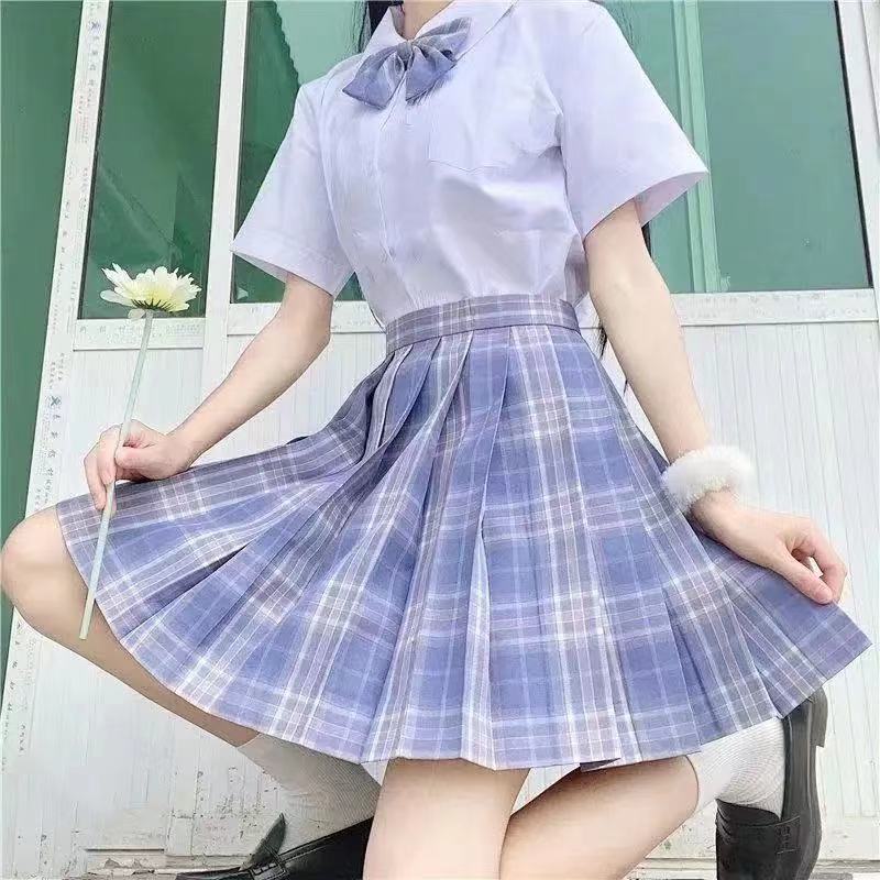 3-teiliges Damen-Anime-Uniform-Set, lila Faltenröcke, Sommer-JK-Shirt mit langen Ärmeln und Mini-Karorock-Anzug