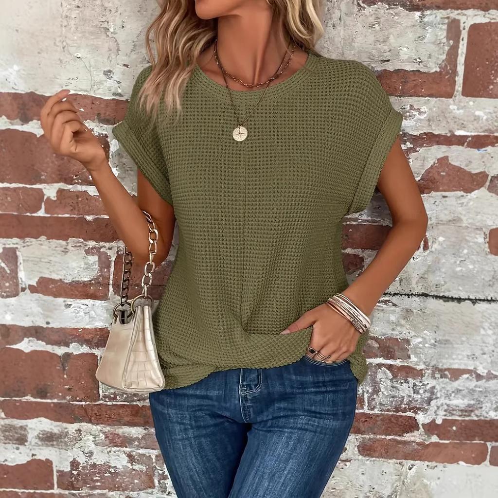 2026 Spring and Summer New Solid Color Round Neck T-shirt Elegant Short Twist Top Women's Clothing Amazon Cross-border Foreign Trade Short Sleeves