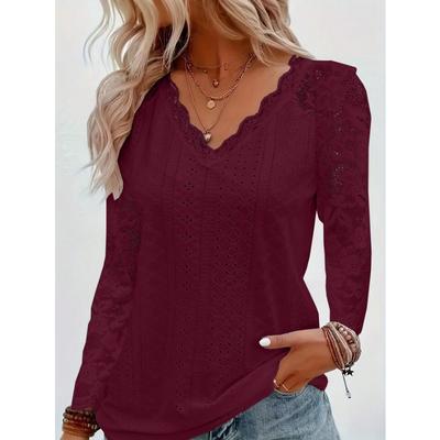Wiosenne i jesienne bluzki z długim rękawem z koronkowymi wstawkami i ażurowym wzorem, modne damskie T-shirty