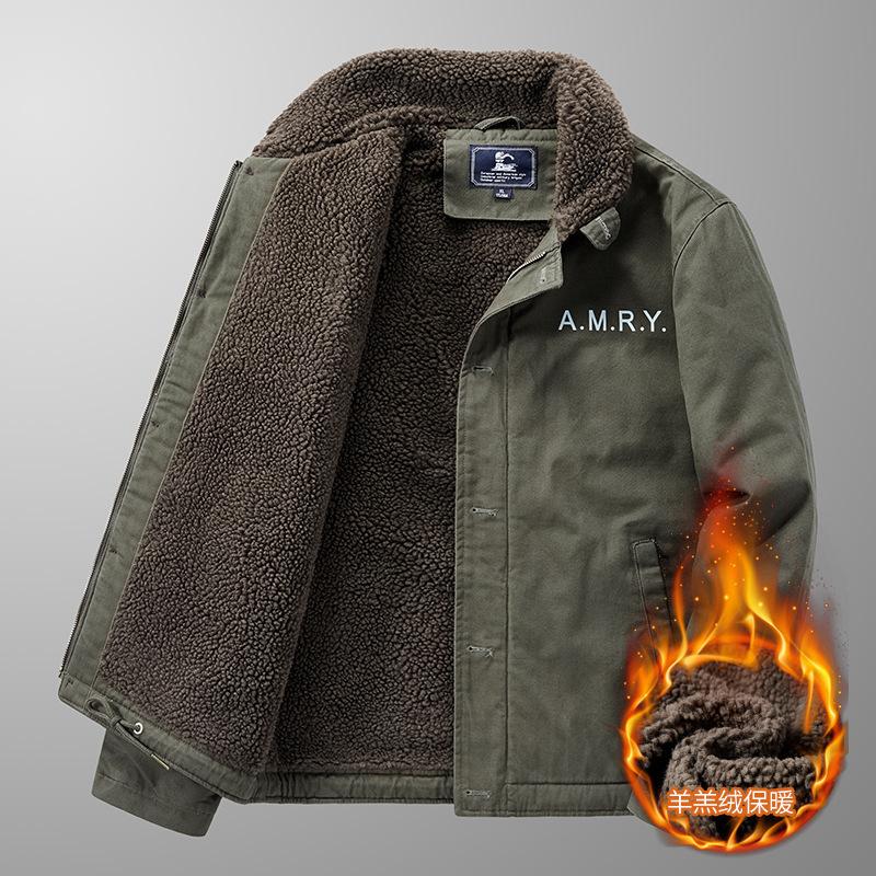 Winter casual men's velvet thickened lapel military uniform middle-aged cotton-padded coat loose lamb wool cotton coat