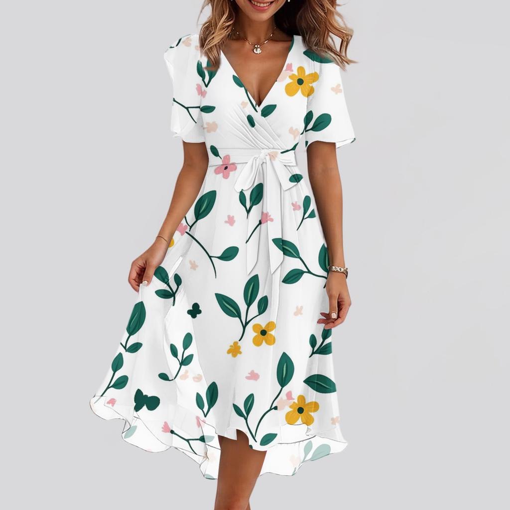 Damenmode Lässig V-Ausschnitt Kurzarm Rüschen Vintage Bedruckte Kleider
