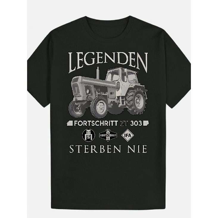 Men'S Vintage Tractor Graphic T-Shirt - LEGENDEN FORTSCHRITT Z033 Design, 100% Breathable Black Tee with Tractor Print, Classic Crew Neck Short