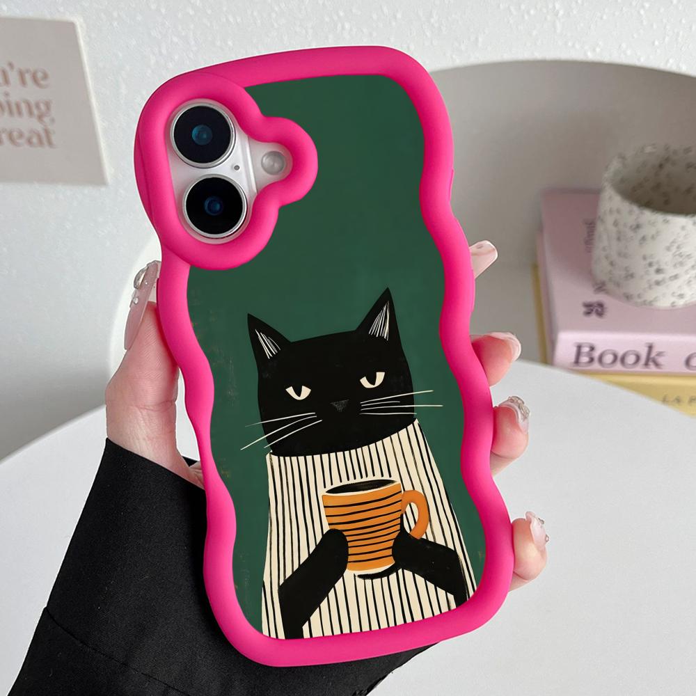 

Cute Coffee Cat Wavy Edge TPU Mobile Phone Case for iPhone 17 16 15 14 13 12 11 Air Pro Max Plus Colorful Cover iPhone Air
