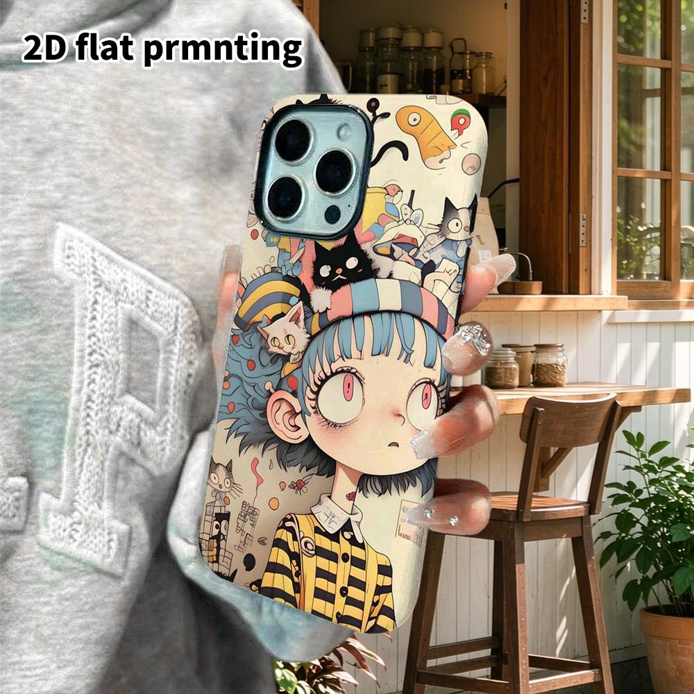 Phone Case: 2D Flat Design Suitable for iPhone 18 17 16 15 14 13 Pro Film Protective Case, Couple Style, Fun Girl and Black Cat, Christmas and Hallowe