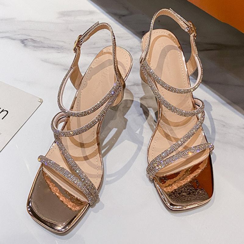 

Fashion 2025 French Rhinestone Sandals Fashion Fine Heel Buckle Thin High Sandals Women s Summer New Fairy Style Heels Shoes 40 шампанского