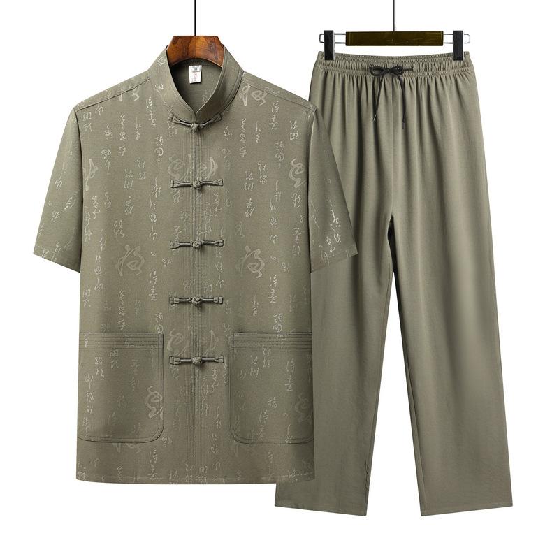 Chinese Style Casual Tops, Small Shirts, Middle-aged and Elderly Short-sleeved Button-down Shirts and Trousers Two-piece Set