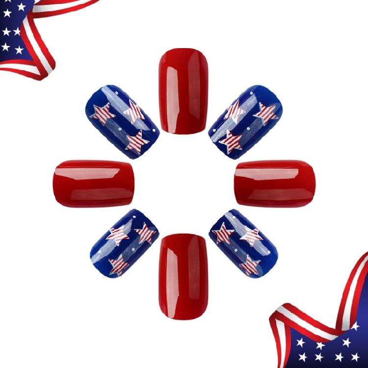 24 Pcs 4th of July Stick on Nail Independence Day Artificial Nail Square Full Cover False Nail Stars Press On Nail