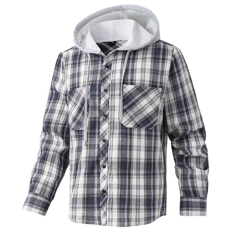 Men's Button Up Shirts With Hooded Long Sleeve Casual Vintage Soft Plaid with Pocket Slim-Fit Cowboy Work Shirts Breathable Hoodie Shirts for Men