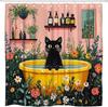 Schwarze Katze in gelber Badewanne Duschvorhang Blumengarten Lustige Katze Familie Haustier Niedliches Tierdesign Badezimmer Polyestervorhänge S