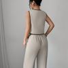 In stock, spring and summer new cross-border foreign trade European size women's contrasting color lace-up bow tie shirt beige wide-leg pants set