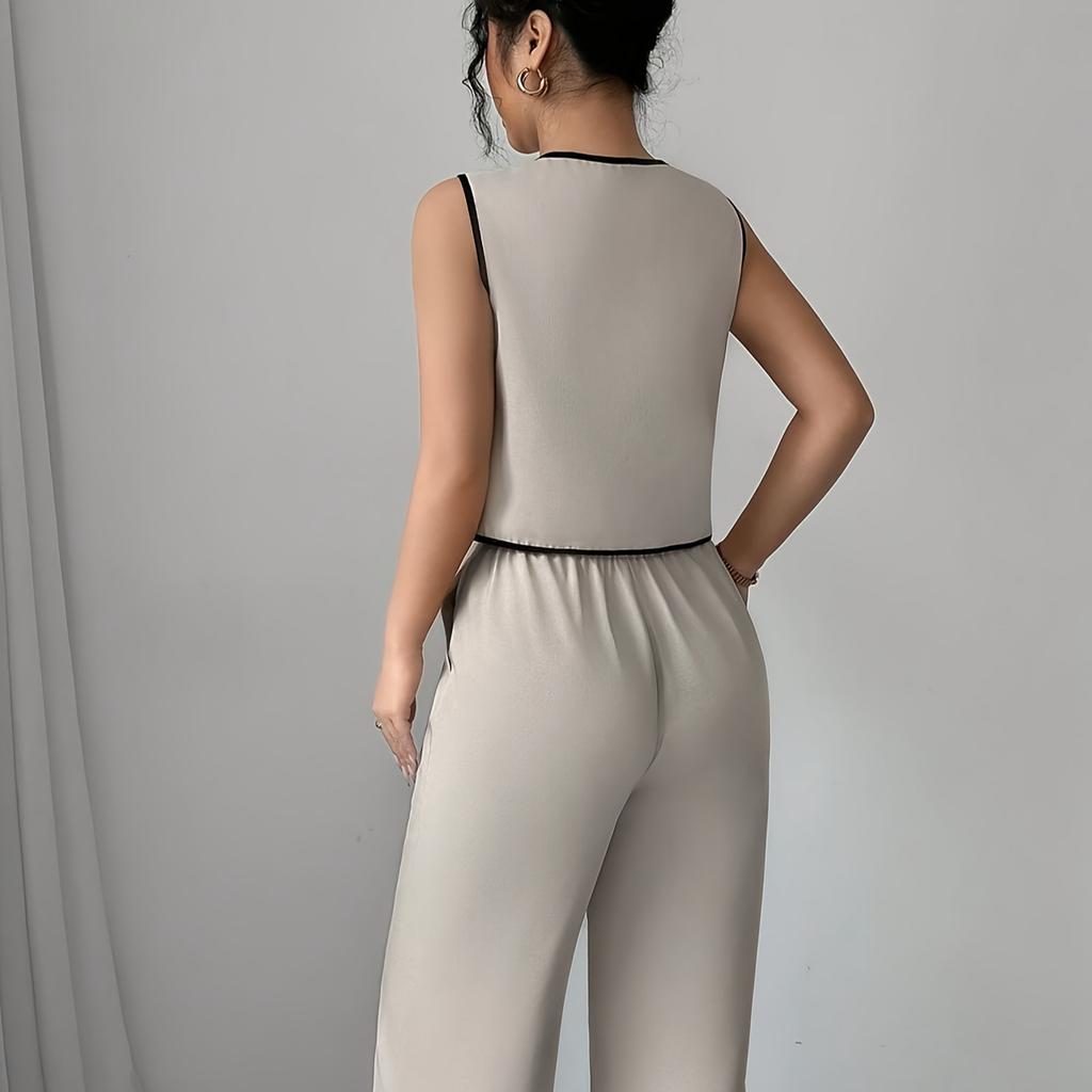 In stock, spring and summer new cross-border foreign trade European size women's contrasting color lace-up bow tie shirt beige wide-leg pants set