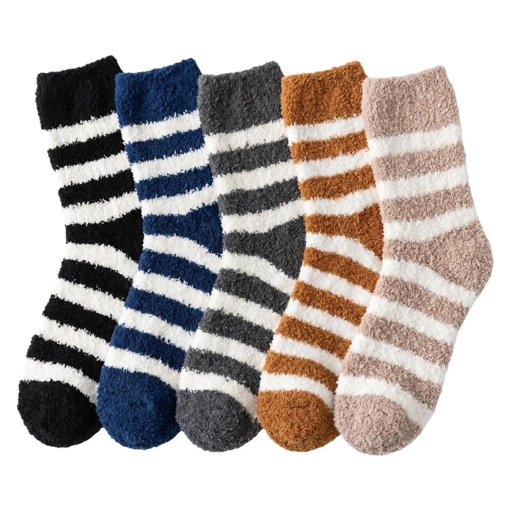 Men's Large Size Striped Mid Calf House Socks (5 Pairs) Winter Warm Thick