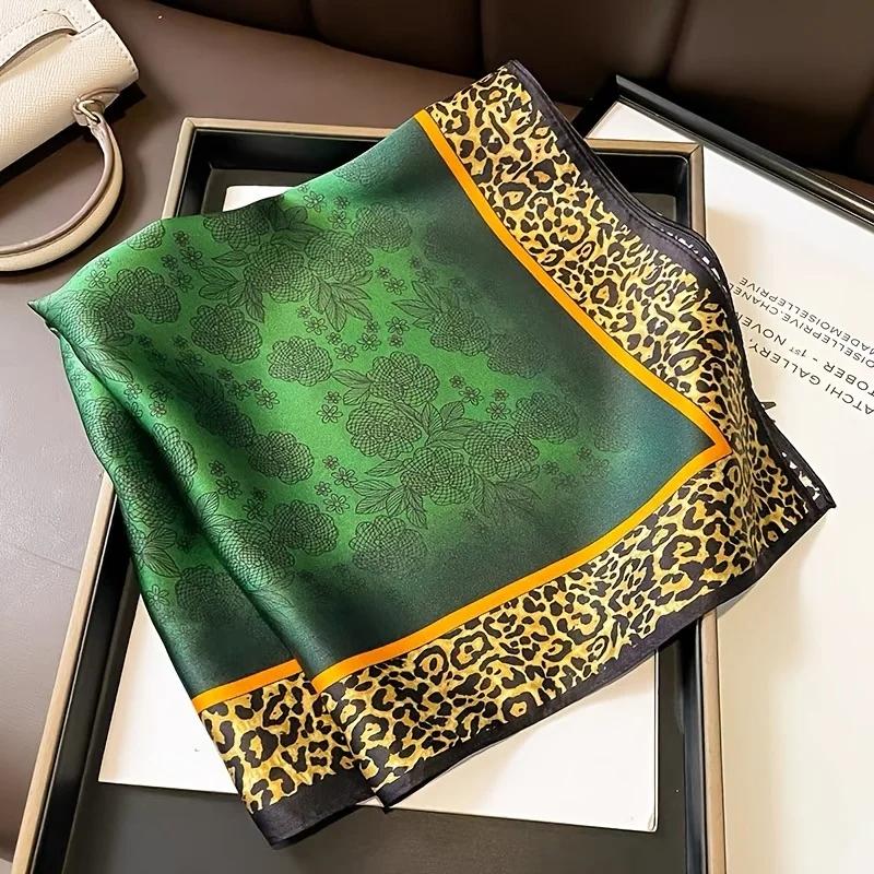 Luxury Brand Leopard Print Square Hijab Scarf Imitation Silk Green Small Neck Scarf Stylish Casual Headscarf