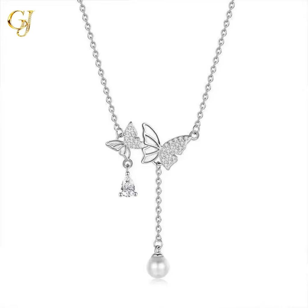 Double Butterfly Tassel Pendant Necklace Sweet Korean S925 Silver Pavé Set Anti Tarnish Daily Party Jewelry