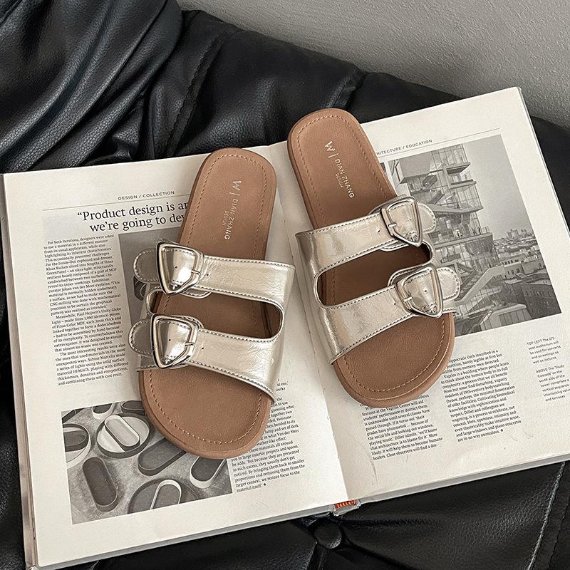 Flat-bottomed slippers women's summer fashion belt buckle soft bottom versatile word lazy pedal beach cool slippers