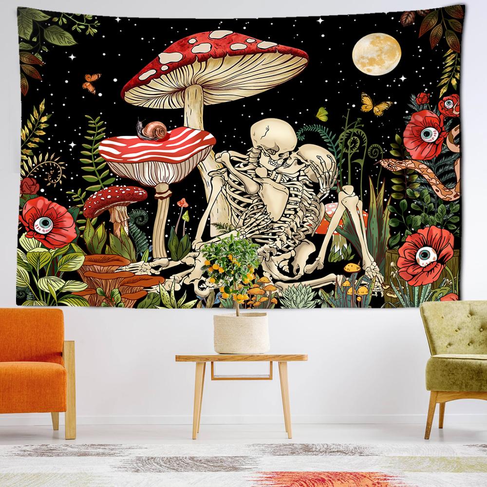 Skeletons And Mushrooms Tapestry Wall Hanging Psychedelic Witchcraft Aesthetics Room Hippie Tapiz Artist Home Decor
