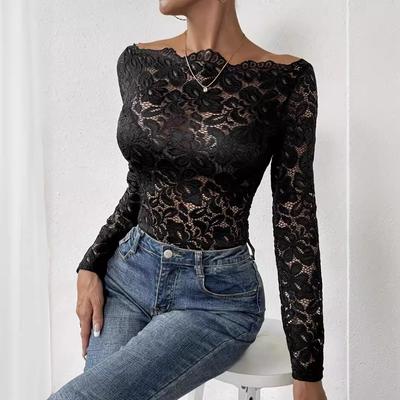 T-shirt à manches longues et col festonné pour femme, sans bretelles, en dentelle simple, slim
