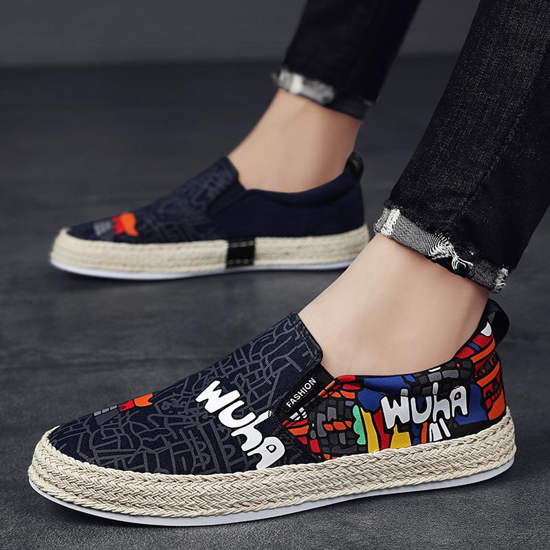 2022 Fashion Black Printed Summer Slip-On Men'S Canvas Shoes Breathable Platform Flat Shoes For Men Comfort Men'S Loafers Casual