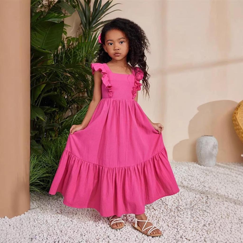 Kids' Summer Korean Puff Sleeve Open Back Dress with Sweet Square Neck