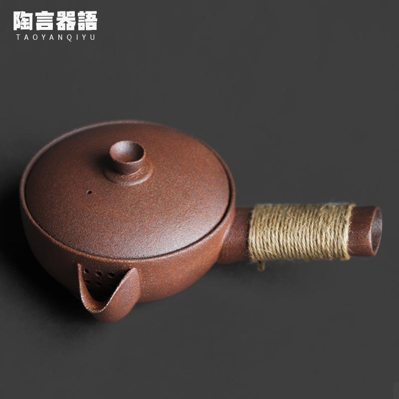 

400ml Coarse Pottery Wide Mouth Side Handle Boiling Water Kettle Large Capacity Tea Making Pot Yellow Rice Wine Kettle Teaset