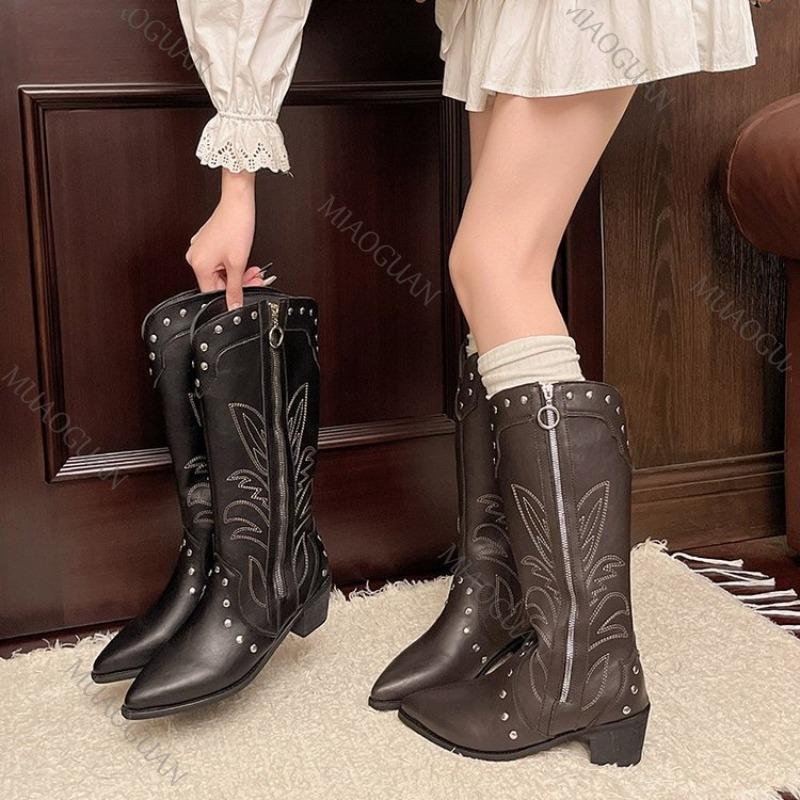Fashion Retro Pointed Toe Chunky Heel Western Cowboy Boots Women Spring Autumn Side Zipper Rivets Embroidery V-mouth Long Knight Botas