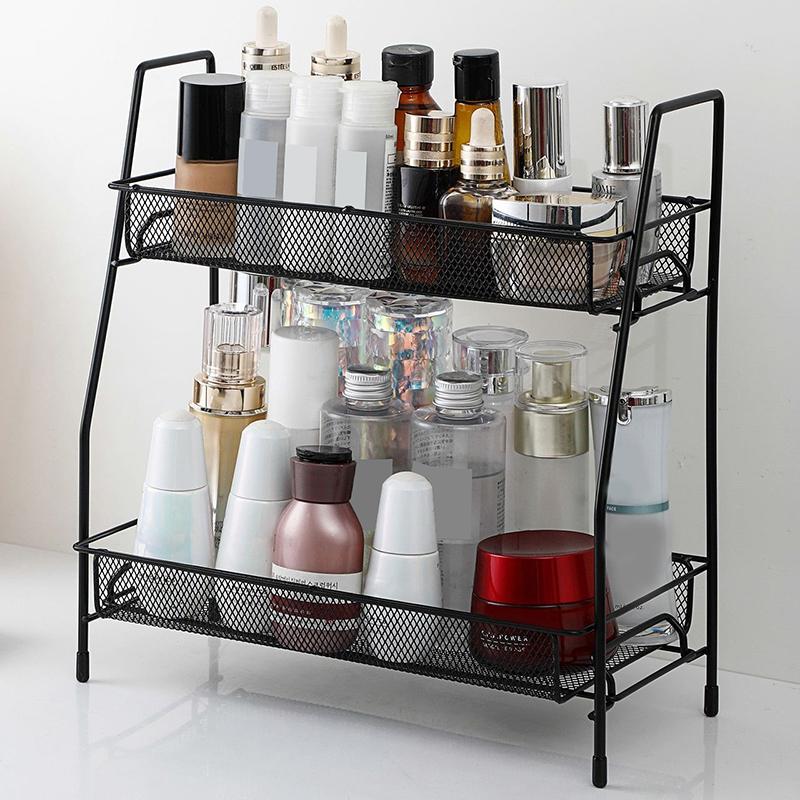 Double Layer Iron Kitchen Storage Rack Wire Spice Organizer Metal Cosmetic Makeup Basket Holder Dish Drainer Bathroom Desk Shelf