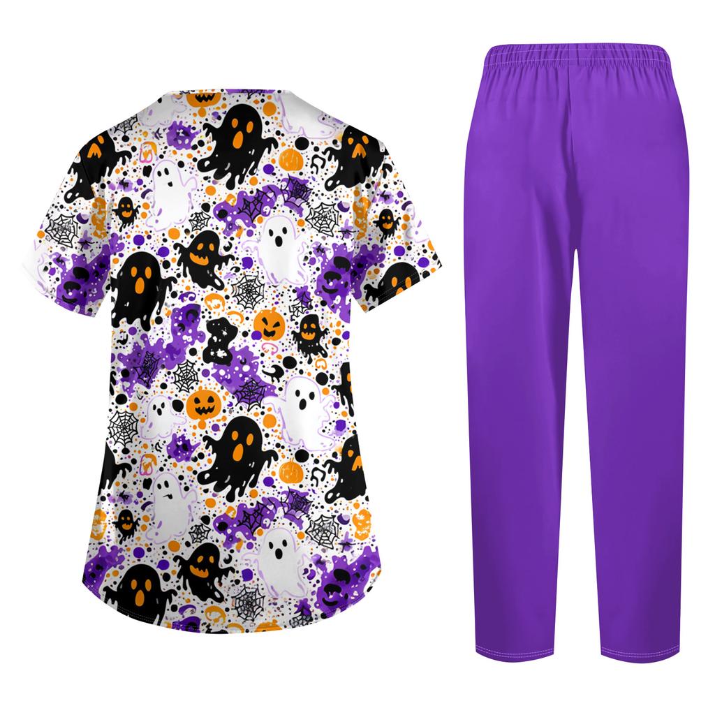 Women's Short Sleeve Costume Set with Halloween Print and Pockets - 2 Piece Top and Pants for Role Play