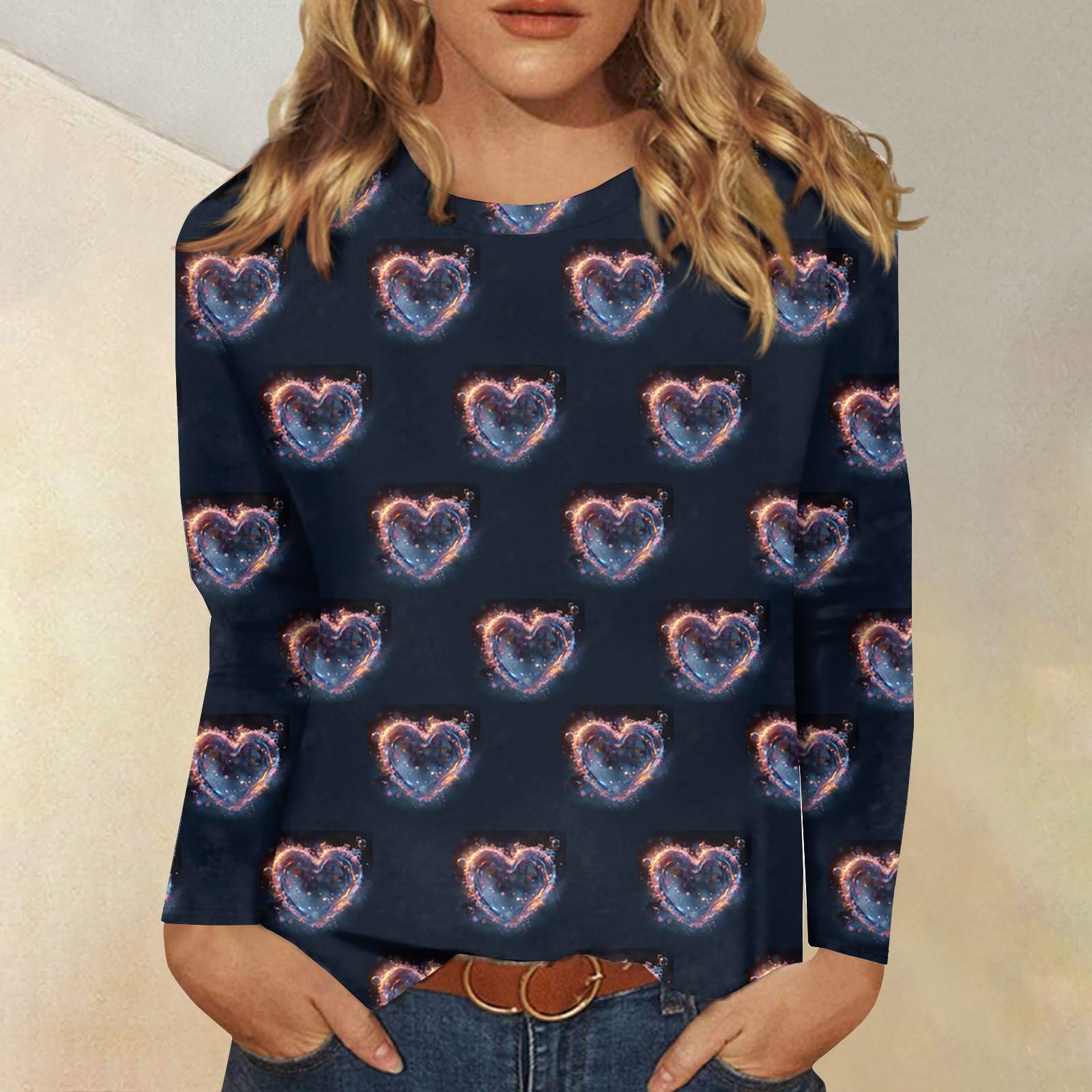 

Рубашки с длинным рукавом для женщин Милые принты Футболки Блузки Повседневные Большие размеры Базовые топы Пуловеры День святого Валентина S