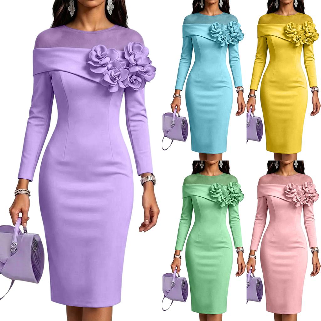 Women's Round Neck Slim Fit Dress with 3D Floral Side Accents, Color for Everyday Wear