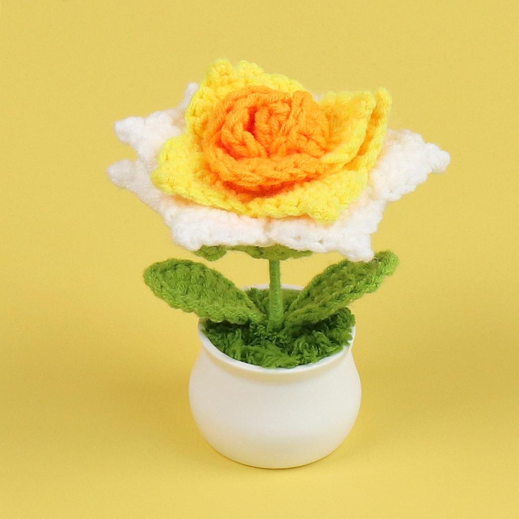Artificial Rose Flower Creative Knitting Flower Potted Crochet Rose Flowers Table Decor Knitted Plant