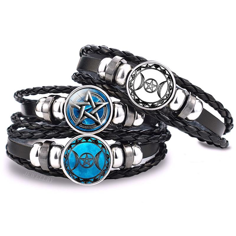 Χειροποίητο πλεκτό δερμάτινο βραχιόλι Occult Star Pentagram Multilayer Triple Moon Goddess Charm βραχιόλι Βραχιόλι Πεντάγραμμο Κοσμήματα