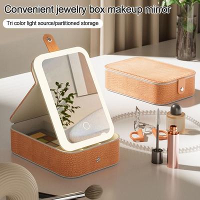 PU Leather Makeup Bag with Mirror LED Lighted Cosmetic Case Large Capacity Dust-proof Beauty Kit Storage Vanity Accessories