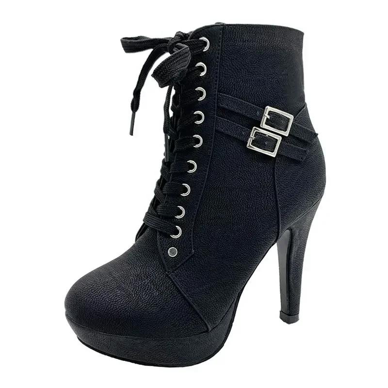 

High Quality Women Shoes High Heel Platform Boots for Women Fashion Lace Up Heeled Women s Ankle Boots Dress Party Ladies Botas 35 чорний