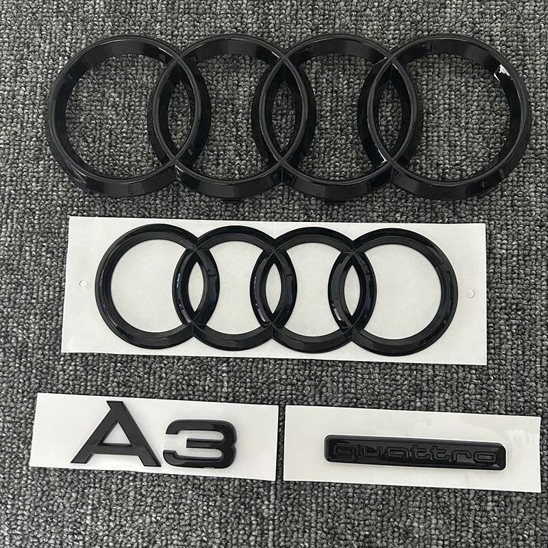 For Audi A3 Front and Rear Ring Logo Bright Black Quattro Tail Logo Set 2010-2020 Modified Badge Car Sticker