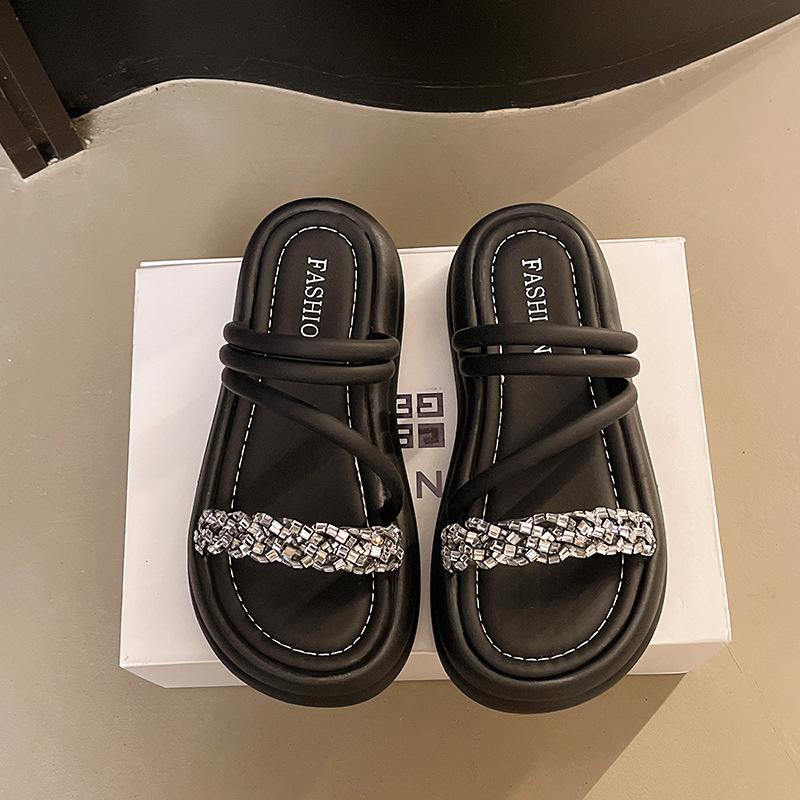 Rhinestones with Two Cool Slippers, New Muffin 100 Thick Soles To Wear 2025 Summer Women's Sandals One-word Beach Slippers