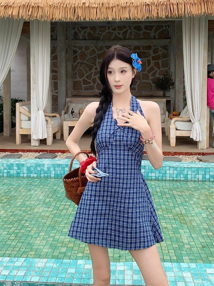 Blue plaid neck dress women's summer sleeveless waist bow a word skirt sweet spice short skirt