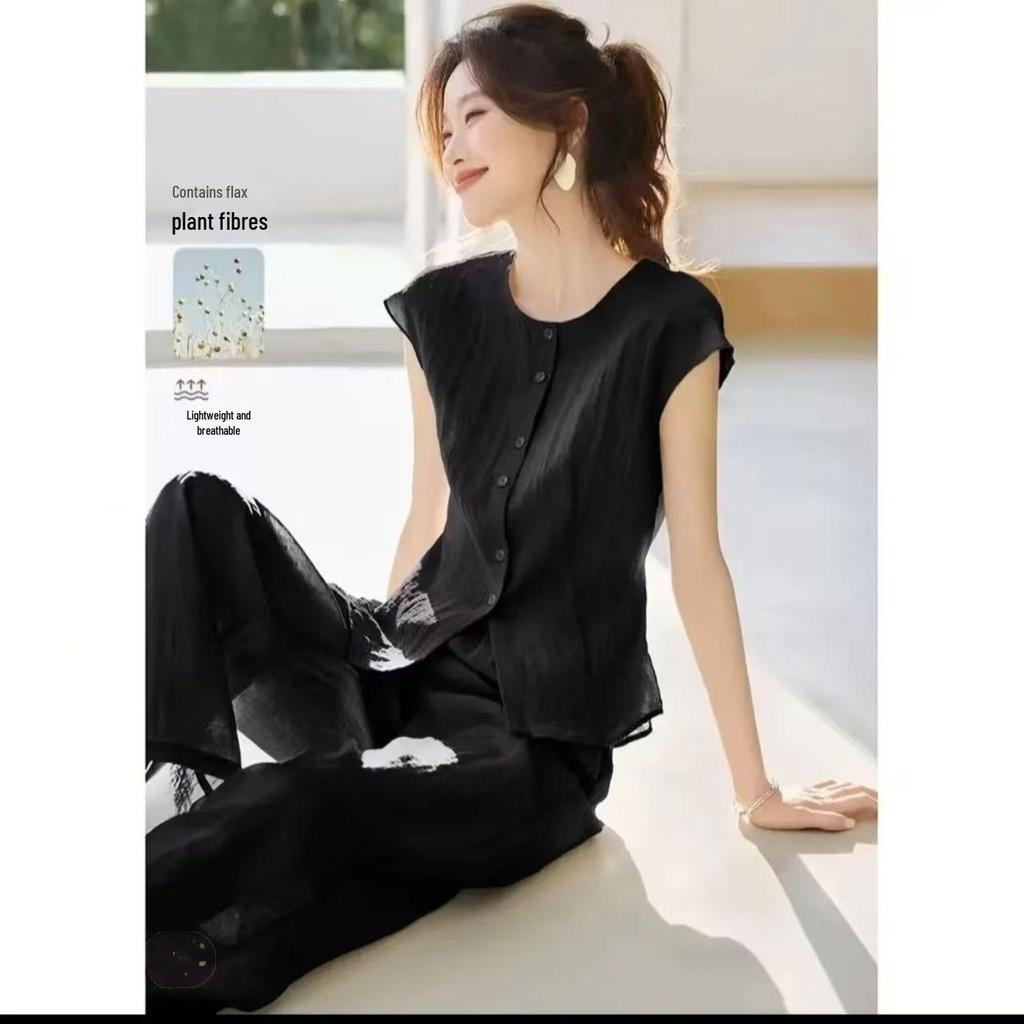 2026 Summer Casual Elegant Sleeveless Top & Pants Set - Light Commute, Loose Fit, Round Neck