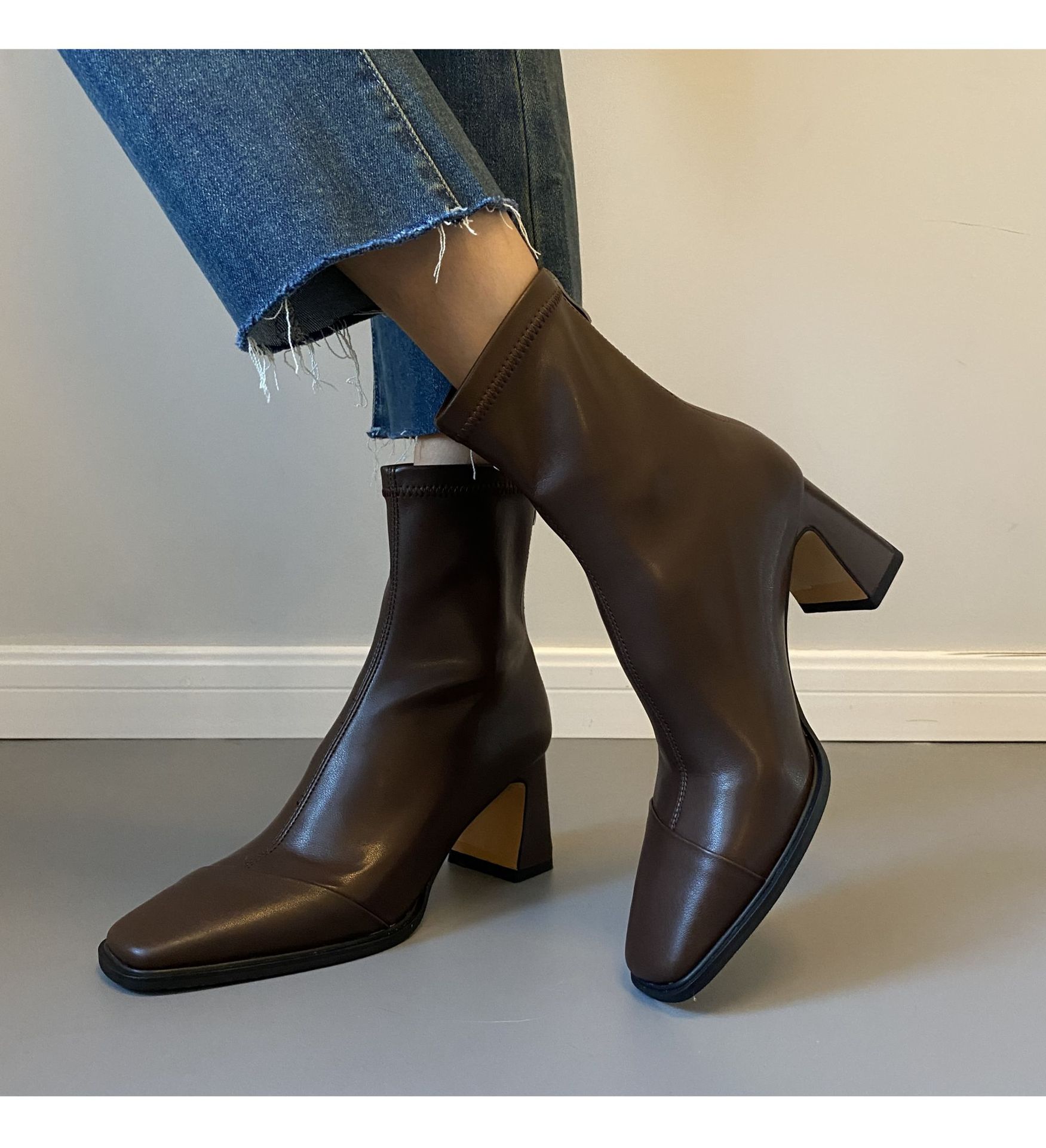 

Версия из коровьей кожи~ Черные французские ботильоны на тонком каблуке женские ботильоны на толстом каблуке эластичные ботильоны осень и зима мягкая кожа ретро квадратный носок короткие ботильоны 40