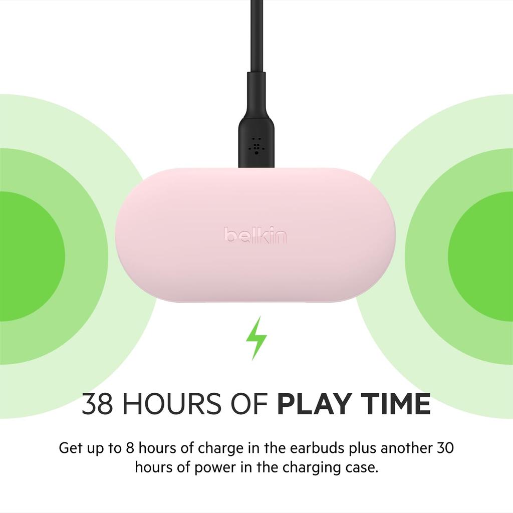 Belkin SOUNDFORM Play True Wireless Earphones Bluetooth 5.2 6mm Driver 4-Microphone Call Noise Reduction Water-Resistant IPX5 Morandi Pink AUC005btPK