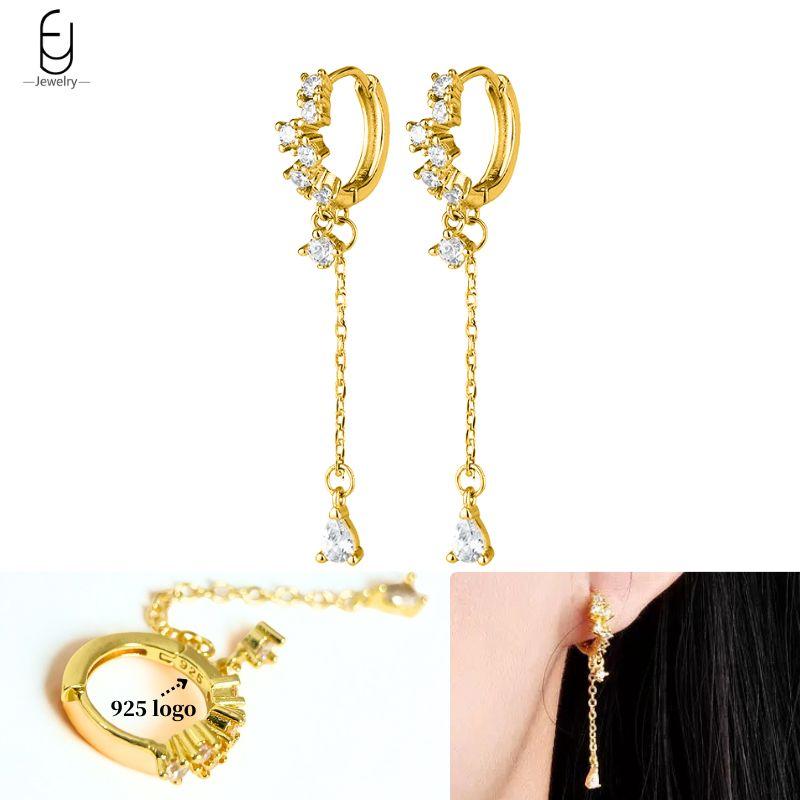 925 Silver Ear Needle White Crystal Gold Earrings for Women Luxury Water drop/Heart/Flower Pendant Earring Fine Jewelry