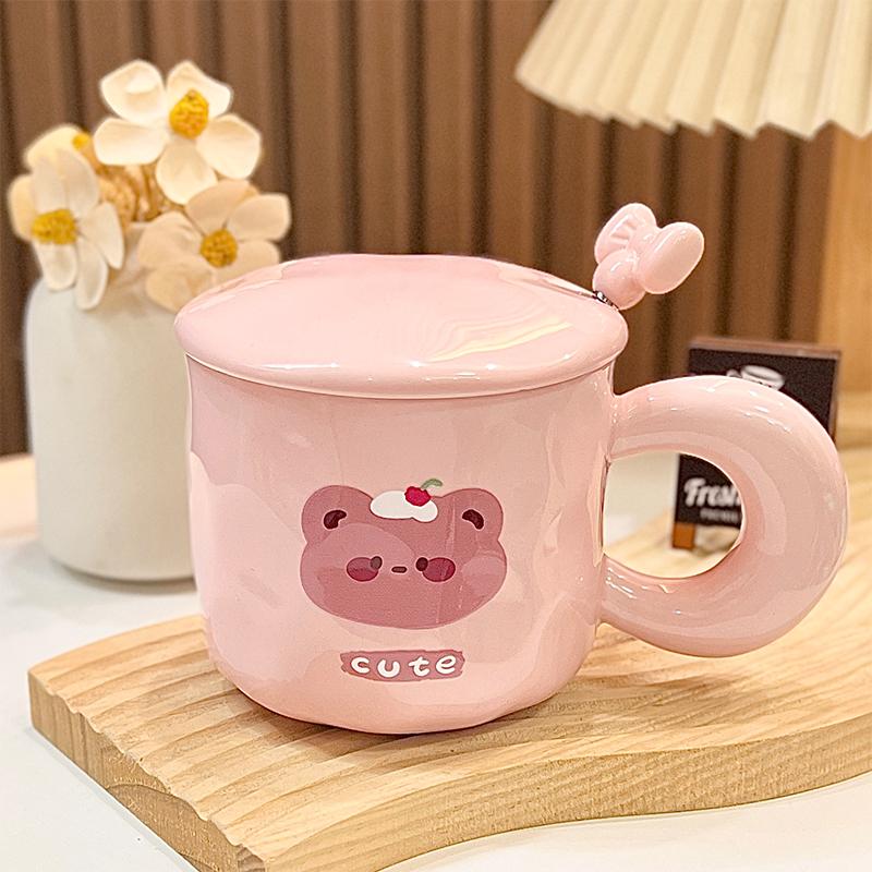 Household New Ceramic Cup Sets Gift Box Women 400ml Cute Cartoon Bear Handle Tea Mugs with Scoop and Lid Creative Cup to Friends