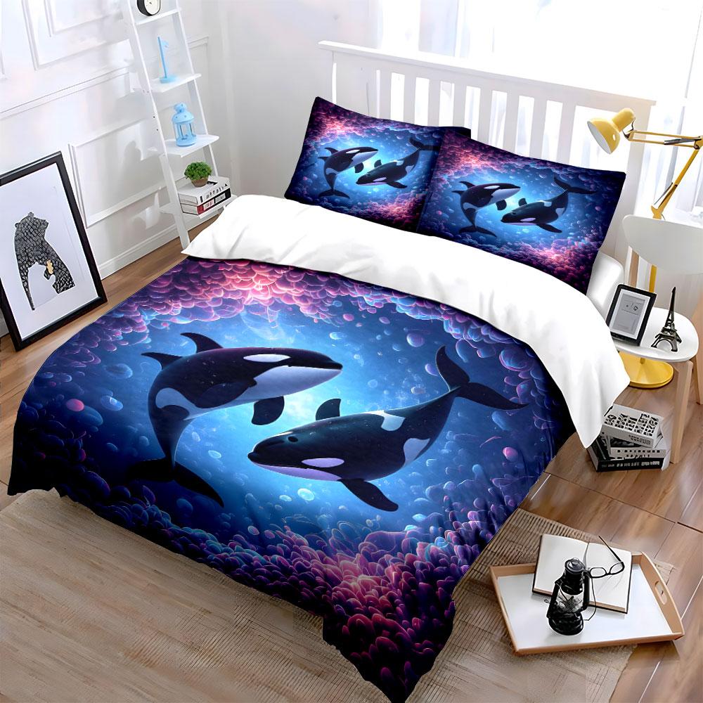 Two Orcas In Enchanted Water Duvet Cover Set With 3D Printing Design Soft Polyester Bedding Set All-Season Comfort For Gifts