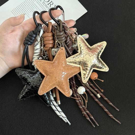 Keychain Pendant Matte-Glossy Finish Imitation Leather Five-Pointed Star Key Chain with Metal Heart Buckle