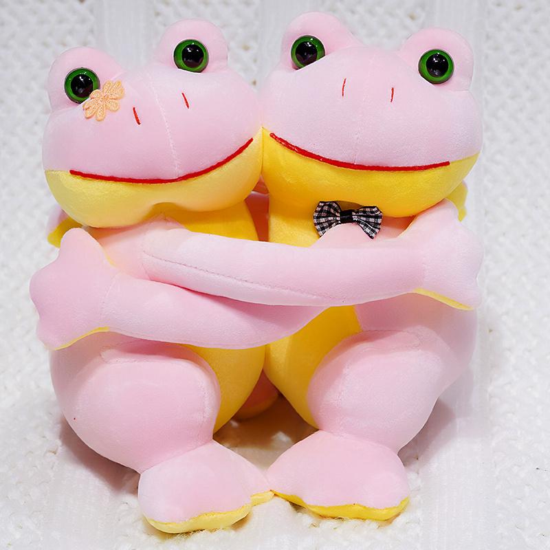 Peluche Grenouille Adorable Rose Vert Couple Étreinte Yeux Ronds Ventre Jaune Pour Fans d'Animaux Souvenir Romantique Cadeau Anniversaire 23cm