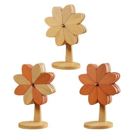 5Pcs/Set Wooden Coasters Set with Stand Pinwheel Shape Changeable Design Heat-resistant Coasters Kitchen Dining Decor