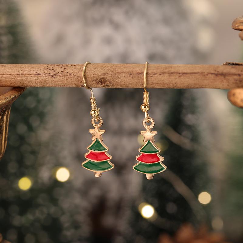 New Christmas Drip Oil Stud Earrings: Red & Green Tree, Snowman, Boots, Bells – Cute Cartoon Jewelry