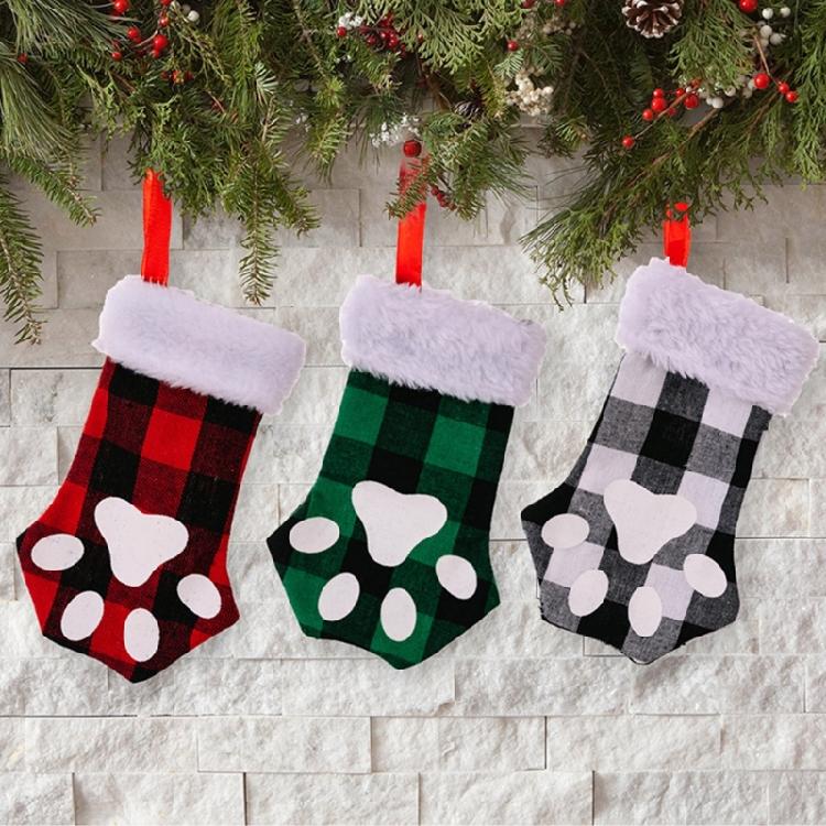 Christmas Cute for Cat Paw Plaid Tree Stocking Family Gather Party Decor