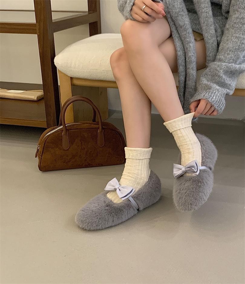 2025 autumn and winter new double bow fluffy shoes velvet cotton shoes wear flat shoes one pedal